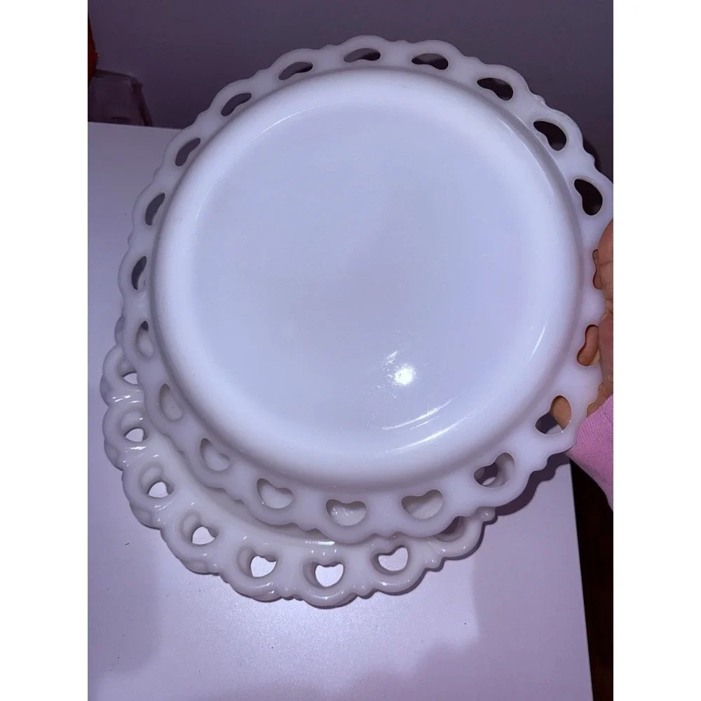 3 VTG MCM Anchor Hocking White Milk Glass Open Heart Lace 12.5